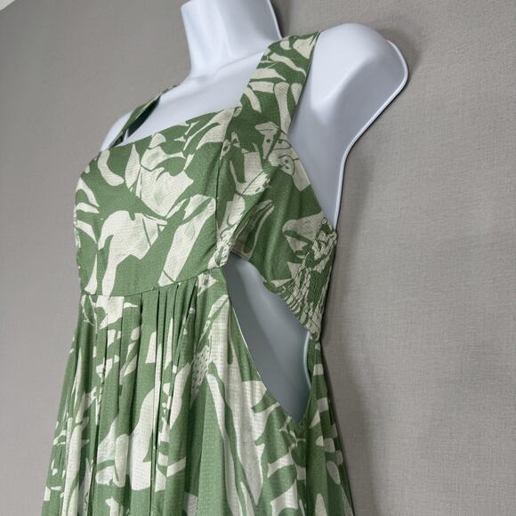By Anthropologie Dress Womens XS Green Smocked Bandeau Leaf Tropical Cutout Maxi - Picture 3 of 14